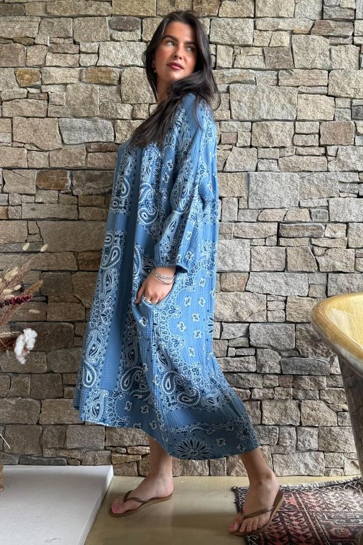 Kasbah Bubble Cotton Bandana Peasant Dress Demin